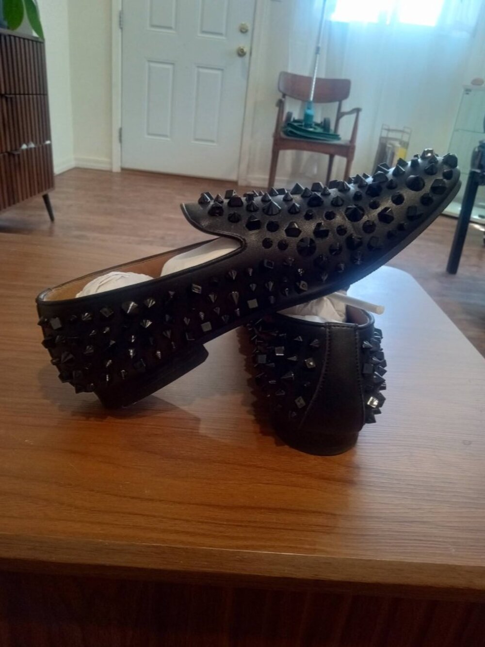 Steve Madden Black Leather, Black Spike Studded Loafers Size 10M - Picture 2 of 5